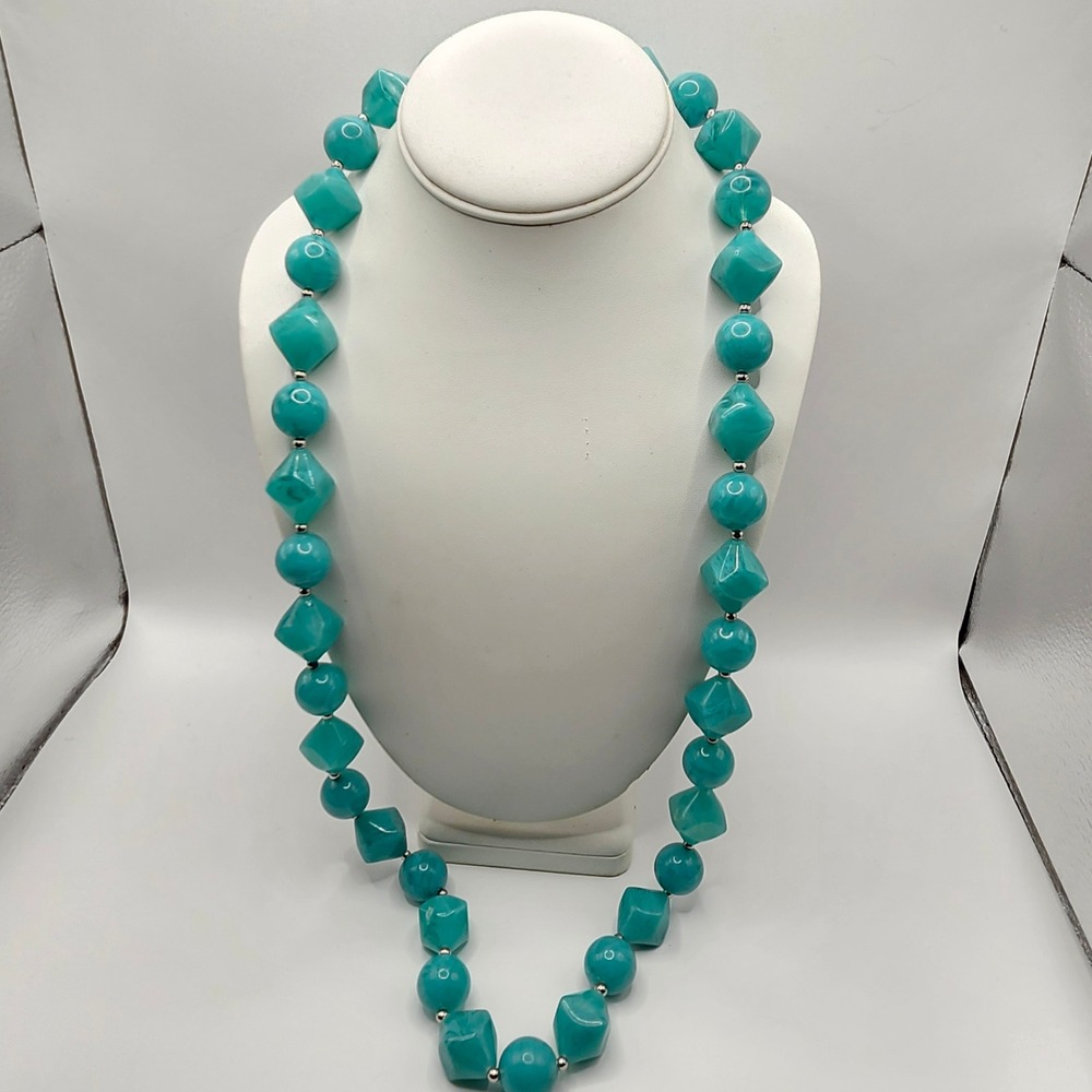 Vintage Teal Blue Swirl Lucite Bead Necklace Geometric Chunky Statement Jewelry